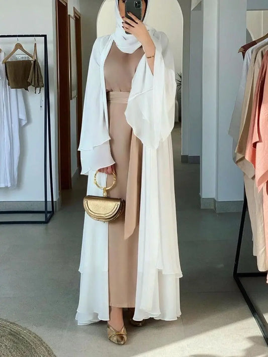 Fashion Chiffon Abaya Kimono Dubai Muslim Cardigan Abayas Women Casual Robe Female Islam Clothes with Belt F2664