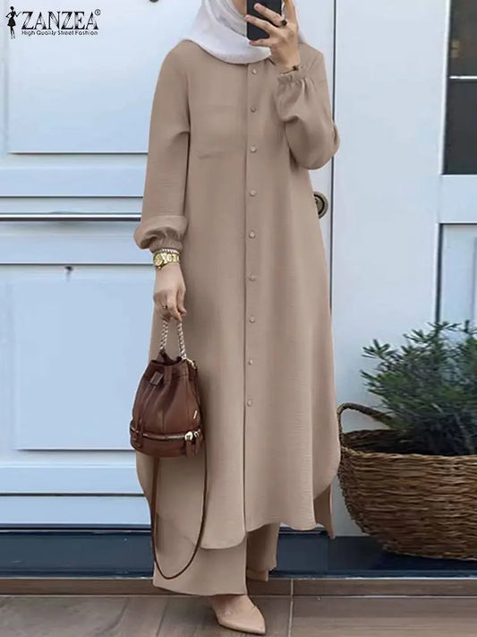 Vintage Muslim Suit Solid Color Lapel Neck Long Sleeve Blouse Pant Ramadan Islamic Clothing Fashion Casual Turkey Outifit